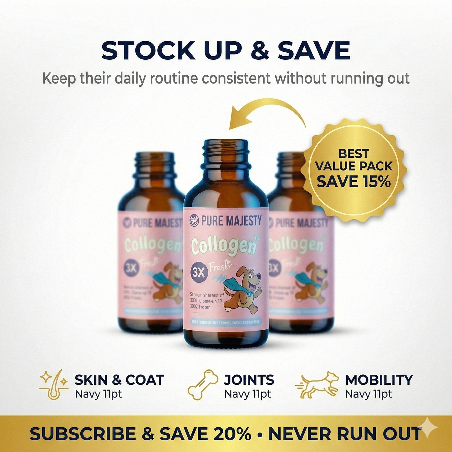 Pure Majesty Pets Collagen Drops 3-pack best value – stock up and save 15% on dog collagen supplement for skin coat joints and mobility